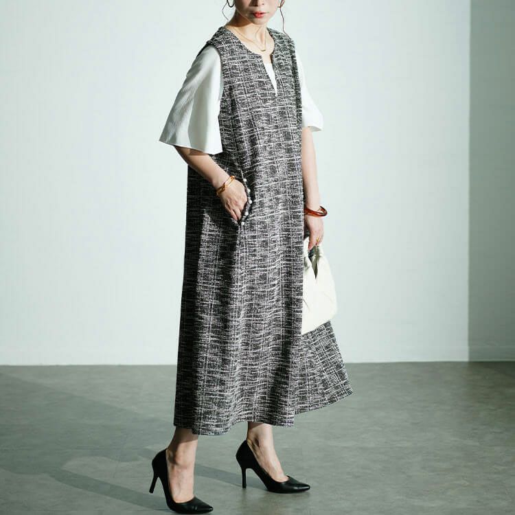 大きいサイズ レディース ストレッチツイードパールボタン付きレイヤード風ワンピース　maru-30018