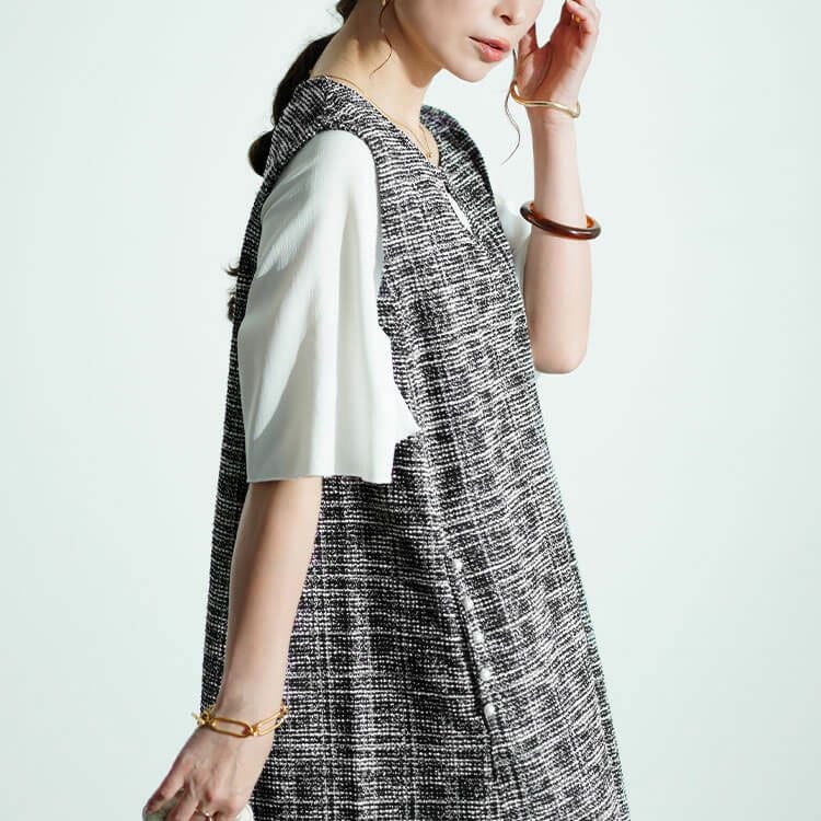 大きいサイズ レディース ストレッチツイードパールボタン付きレイヤード風ワンピース　maru-30018