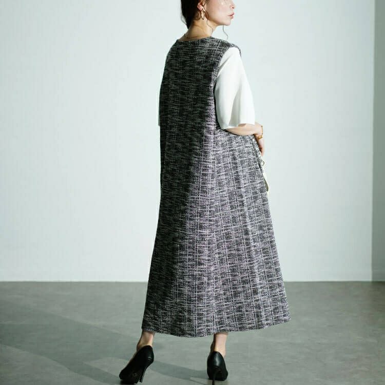 大きいサイズ レディース ストレッチツイードパールボタン付きレイヤード風ワンピース　maru-30018