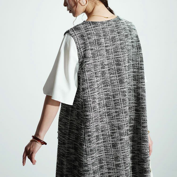 大きいサイズ レディース ストレッチツイードパールボタン付きレイヤード風ワンピース　maru-30018