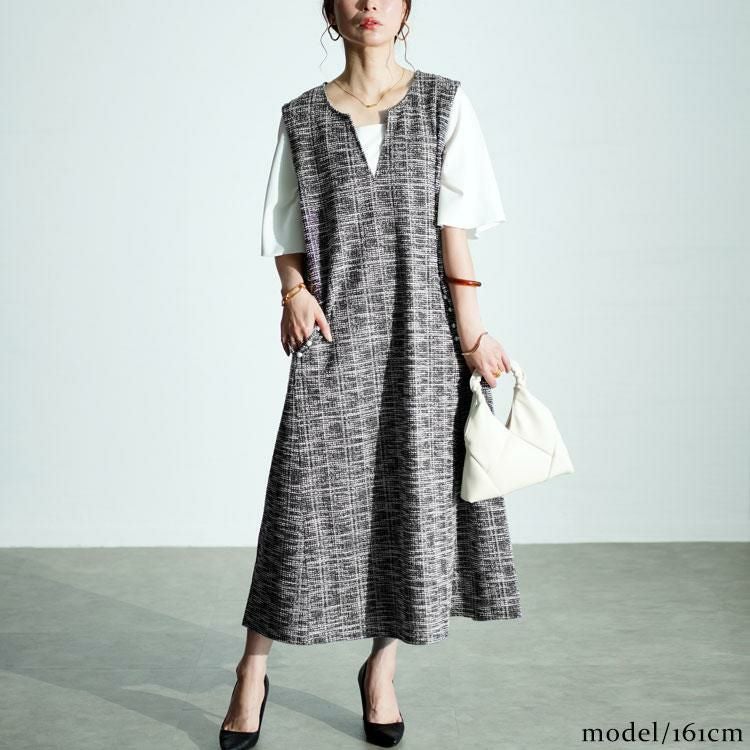 大きいサイズ レディース ストレッチツイードパールボタン付きレイヤード風ワンピース　maru-30018 ブラック