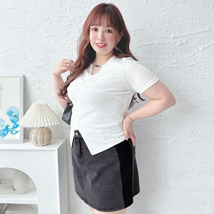 大きいサイズ レディース バイカラーデニムミニスカート　goldy-1504