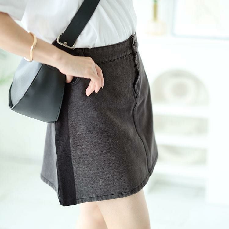 大きいサイズ レディース バイカラーデニムミニスカート　goldy-1504 チャコール