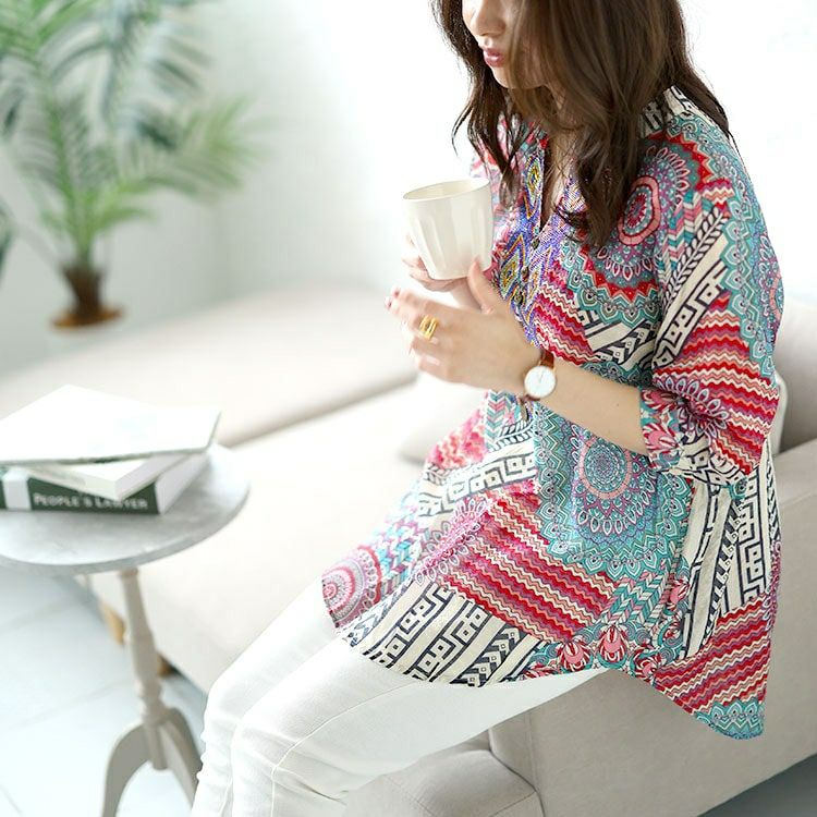 大きいサイズ レディース ビジュー付きエスニック柄シャツ　goldy-1482 【メール便可】