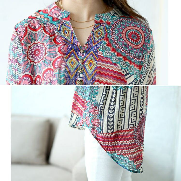 大きいサイズ レディース ビジュー付きエスニック柄シャツ　goldy-1482 【メール便可】