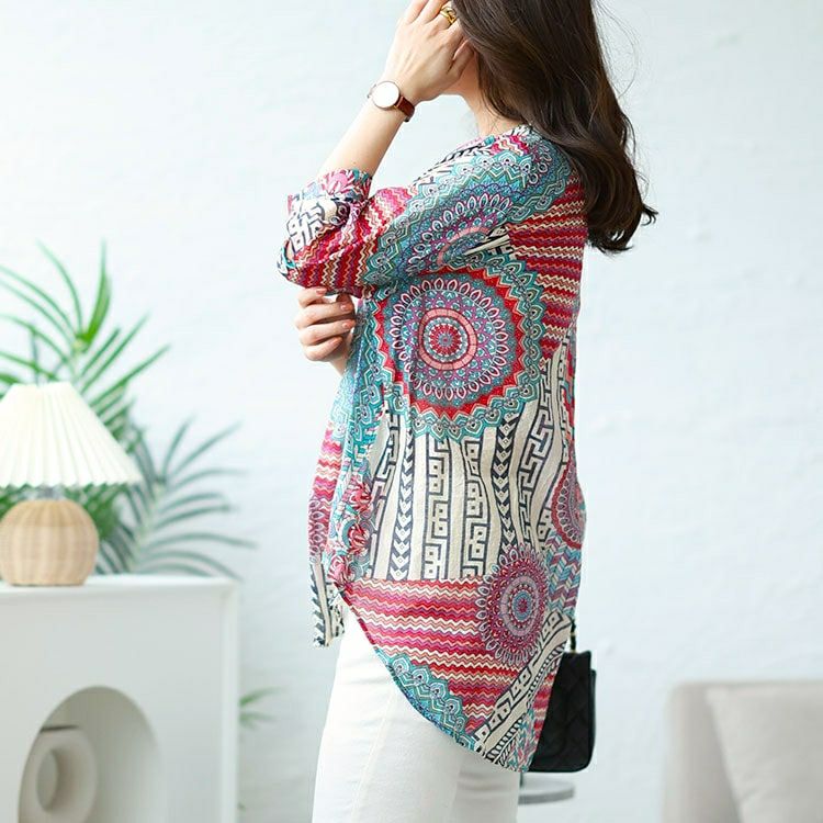 大きいサイズ レディース ビジュー付きエスニック柄シャツ　goldy-1482 【メール便可】