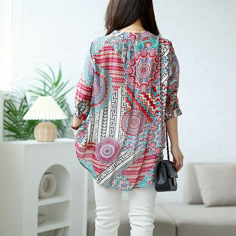 大きいサイズ レディース ビジュー付きエスニック柄シャツ　goldy-1482 【メール便可】
