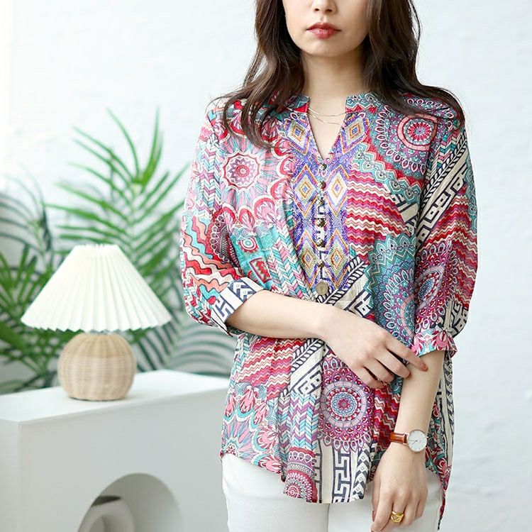 大きいサイズ レディース ビジュー付きエスニック柄シャツ　goldy-1482 【メール便可】