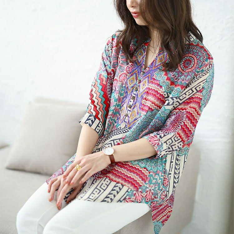 大きいサイズ レディース ビジュー付きエスニック柄シャツ　goldy-1482 【メール便可】