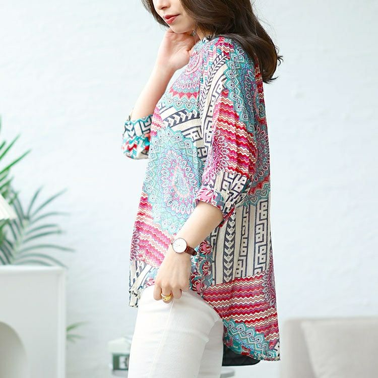 大きいサイズ レディース ビジュー付きエスニック柄シャツ　goldy-1482 【メール便可】