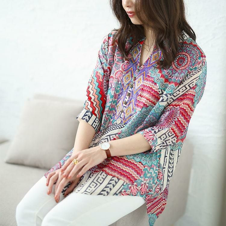 大きいサイズ レディース ビジュー付きエスニック柄シャツ　goldy-1482 【メール便可】 マルチ