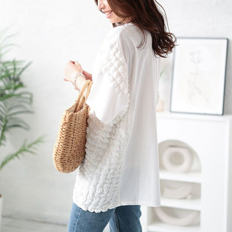 大きいサイズ レディース ポップコーン切り替えドルマンプルオーバー　bai-0152