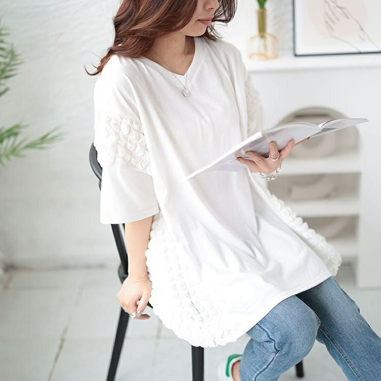 大きいサイズ レディース ポップコーン切り替えドルマンプルオーバー　bai-0152