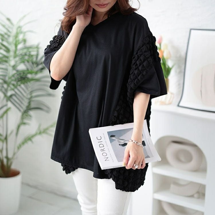 大きいサイズ レディース ポップコーン切り替えドルマンプルオーバー　bai-0152