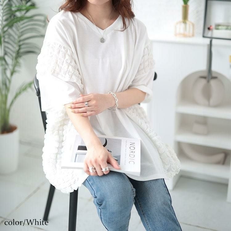 大きいサイズ レディース ポップコーン切り替えドルマンプルオーバー　bai-0152 ホワイト
