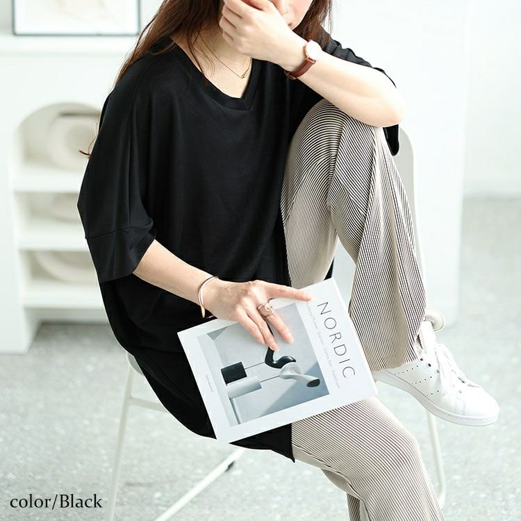 大きいサイズ レディース ストレッチスムースVネックドルマンチュニック　maru-30032