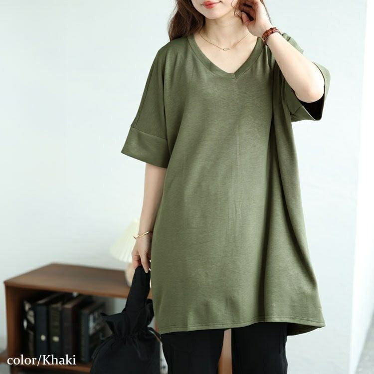 大きいサイズ レディース ストレッチスムースVネックドルマンチュニック　maru-30032