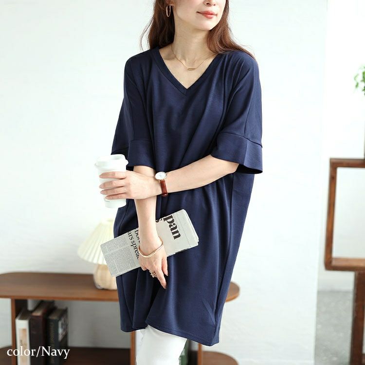 大きいサイズ レディース ストレッチスムースVネックドルマンチュニック　maru-30032
