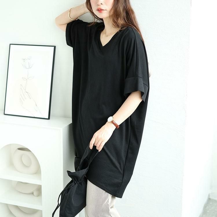 大きいサイズ レディース ストレッチスムースVネックドルマンチュニック　maru-30032 ブラック