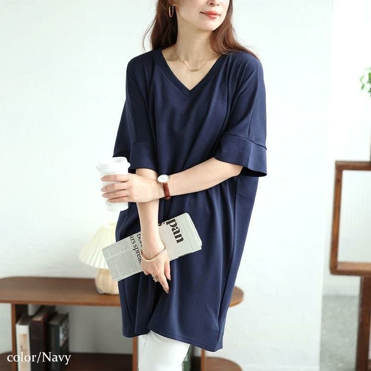 大きいサイズ レディース ストレッチスムースVネックドルマンチュニック　maru-30032 ネイビー
