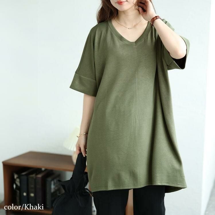 大きいサイズ レディース ストレッチスムースVネックドルマンチュニック　maru-30032 カーキ