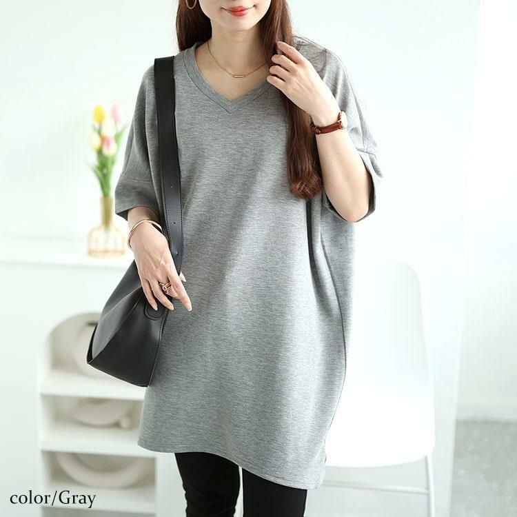 大きいサイズ レディース ストレッチスムースVネックドルマンチュニック　maru-30032 杢グレー