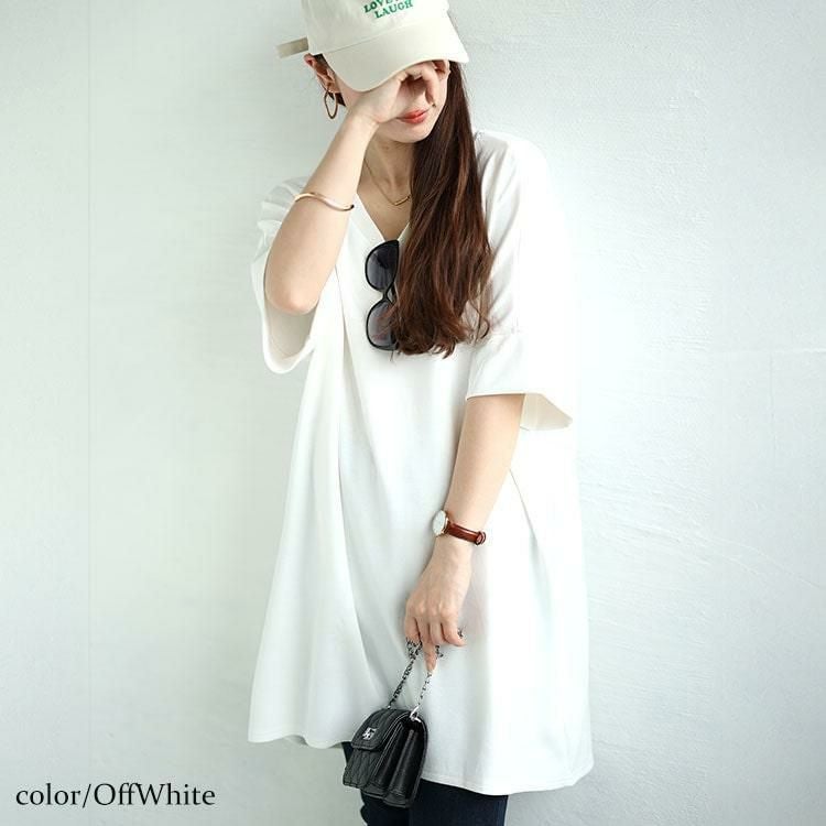 大きいサイズ レディース ストレッチスムースVネックドルマンチュニック　maru-30032 オフホワイト