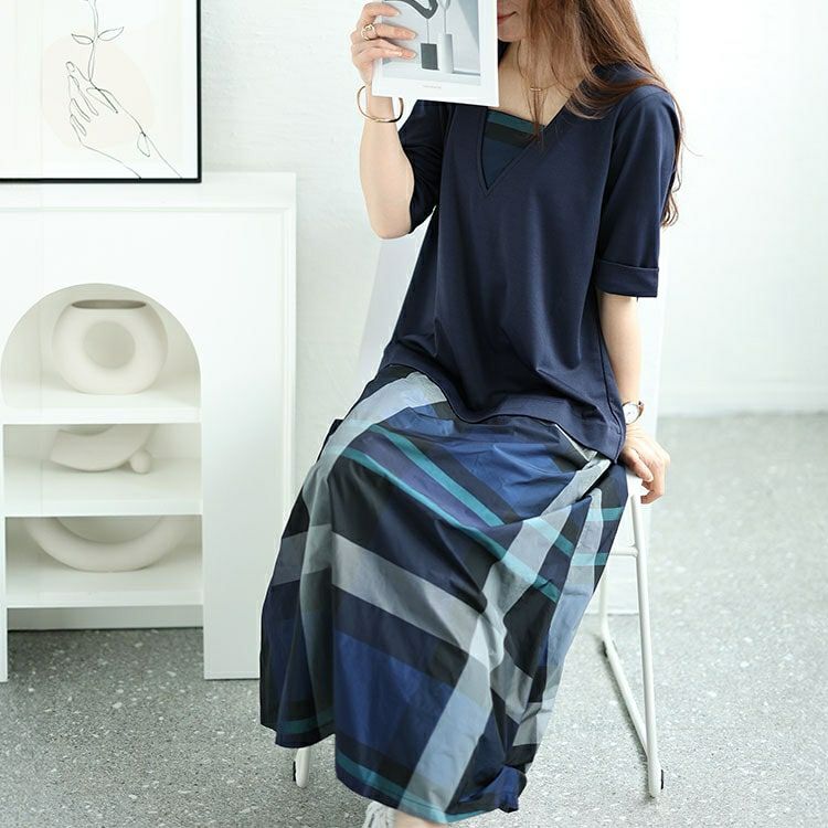 大きいサイズ レディース フェイクレイヤードタータンチェックワンピース　maru-30031