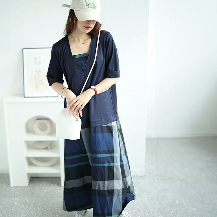 大きいサイズ レディース フェイクレイヤードタータンチェックワンピース　maru-30031