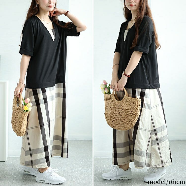 大きいサイズ レディース フェイクレイヤードタータンチェックワンピース　maru-30031