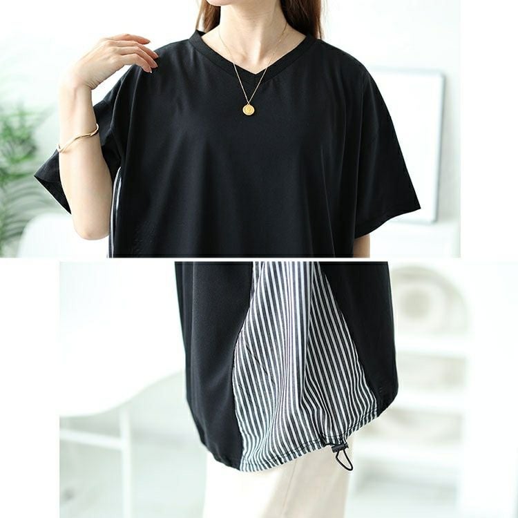 大きいサイズ レディース ストライプ切り替えドローコードプルオーバー　bai-0154 【メール便可】