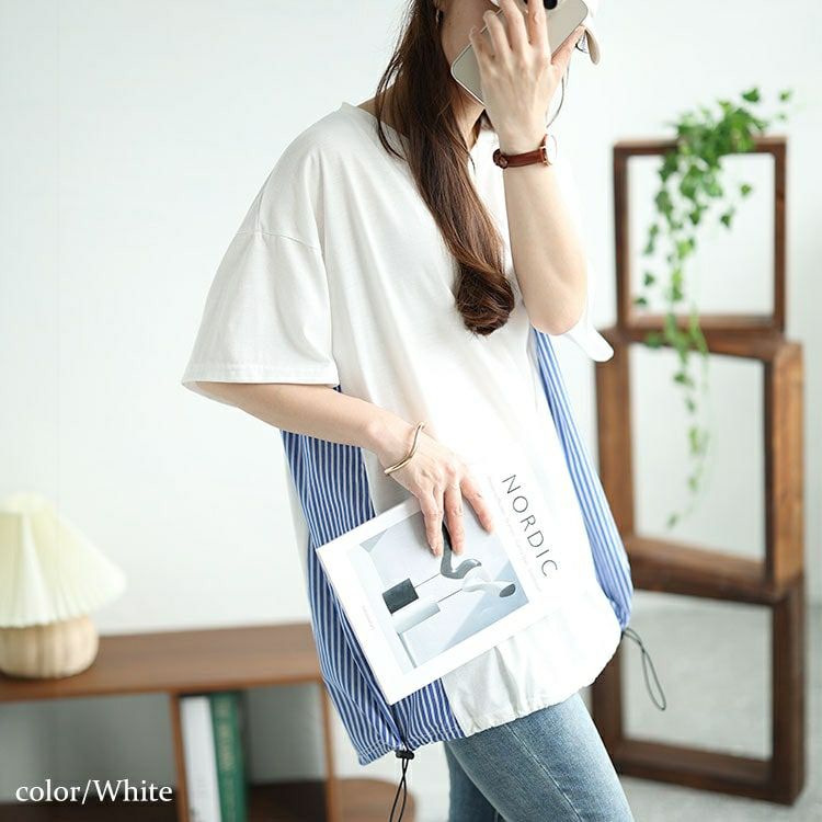 大きいサイズ レディース ストライプ切り替えドローコードプルオーバー　bai-0154 【メール便可】