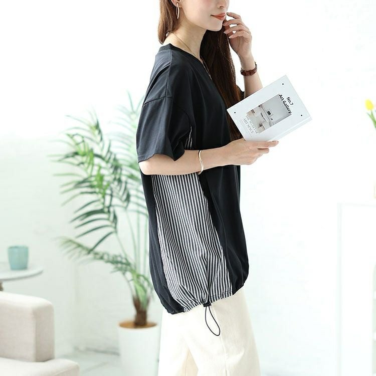 大きいサイズ レディース ストライプ切り替えドローコードプルオーバー　bai-0154 【メール便可】