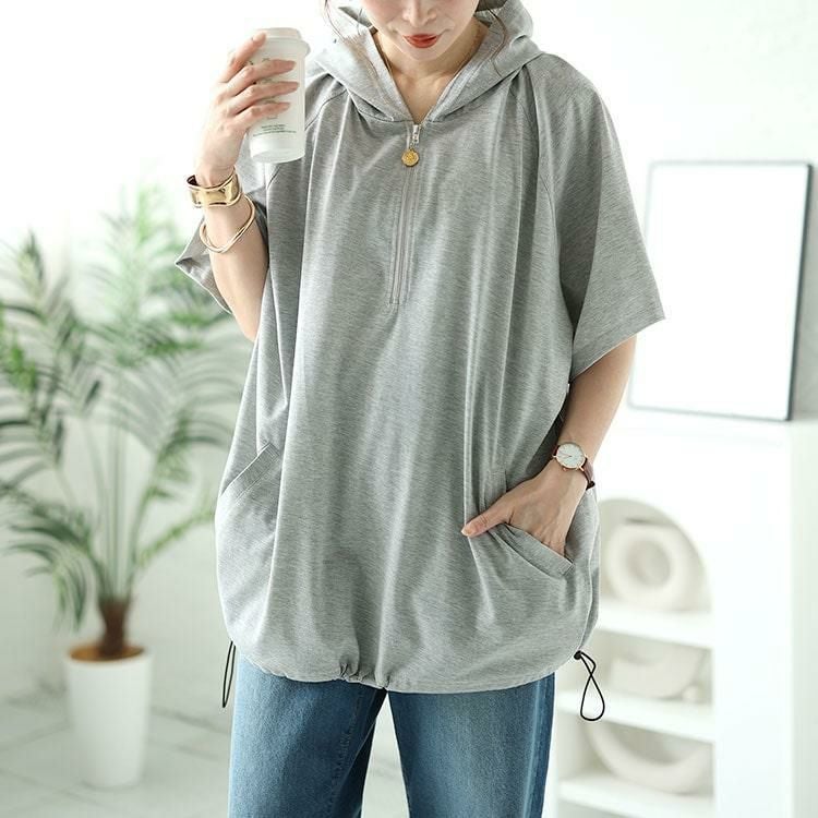 大きいサイズ レディース ハーフジップドロストワイドパーカー　bai-0150 杢グレー