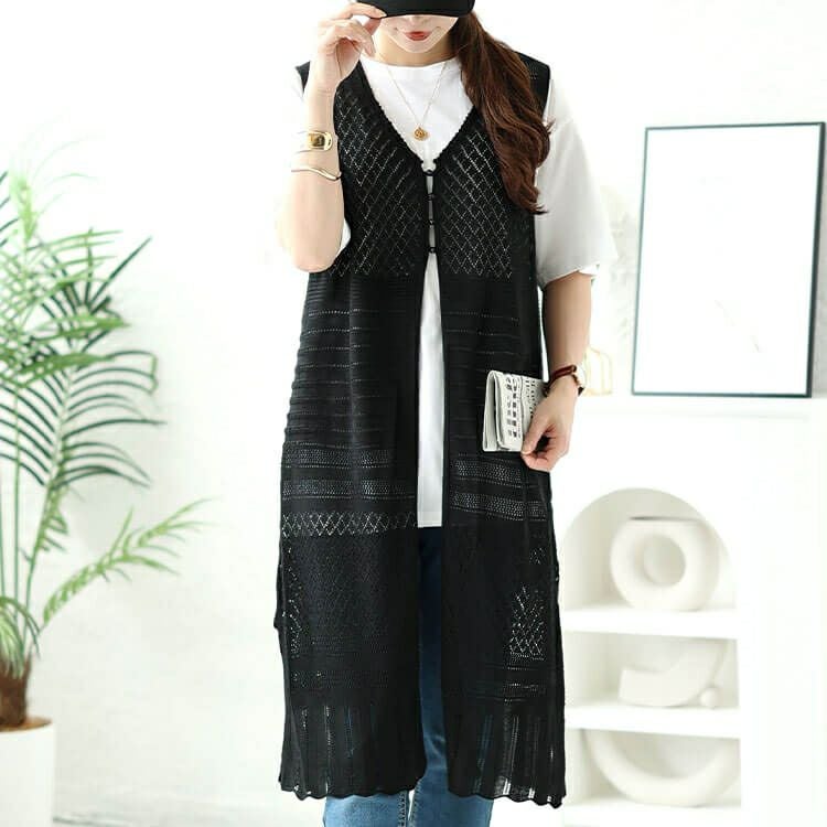 大きいサイズ レディース 透かし編みロングベスト　cpdai-640414