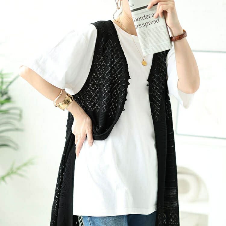 大きいサイズ レディース 透かし編みロングベスト　cpdai-640414