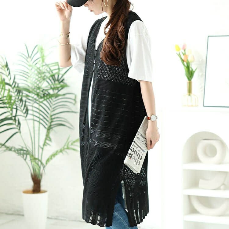 大きいサイズ レディース 透かし編みロングベスト　cpdai-640414