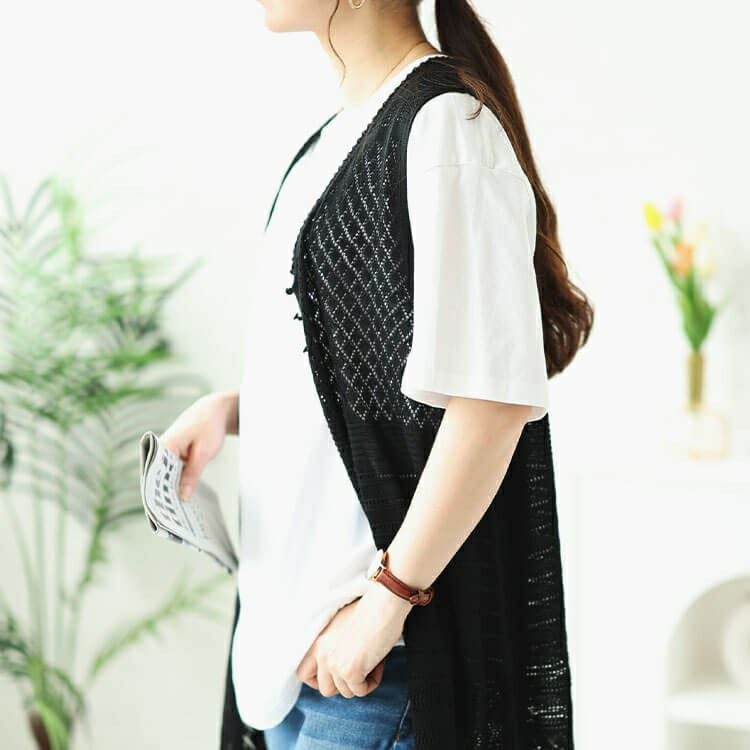 大きいサイズ レディース 透かし編みロングベスト　cpdai-640414