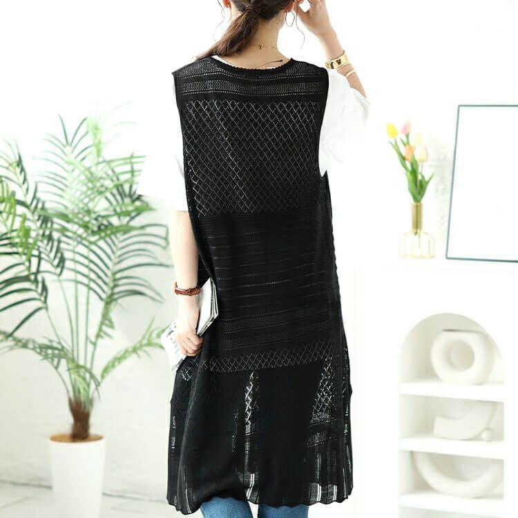 大きいサイズ レディース 透かし編みロングベスト　cpdai-640414