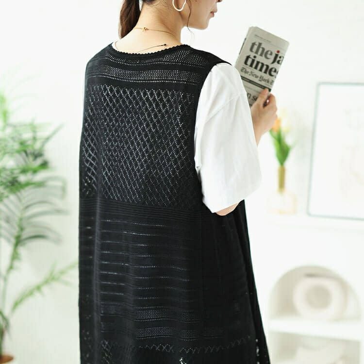 大きいサイズ レディース 透かし編みロングベスト　cpdai-640414