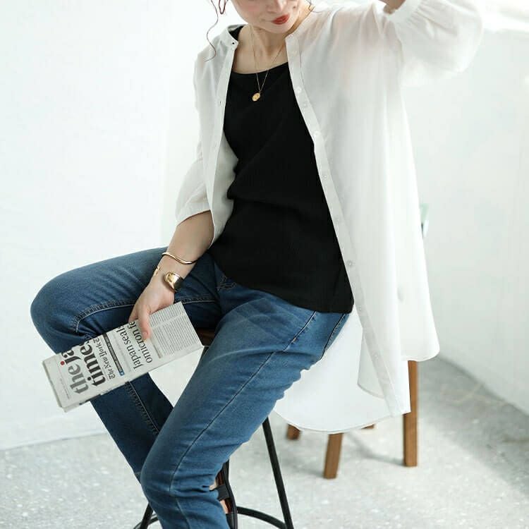 大きいサイズ レディース 接触冷感＆UVカットリネン混バンドカラーシャツチュニック　cpdai-640407 【メール便可】