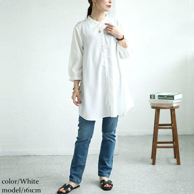 大きいサイズ レディース 接触冷感＆UVカットリネン混バンドカラーシャツチュニック　cpdai-640407 【メール便可】