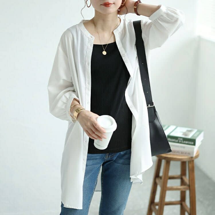 大きいサイズ レディース 接触冷感＆UVカットリネン混バンドカラーシャツチュニック　cpdai-640407 【メール便可】