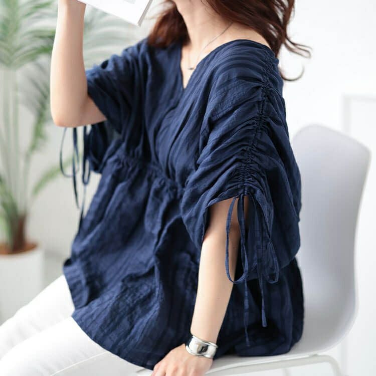 大きいサイズ レディース ストライプギャザーカフタンチュニック　and-y1904