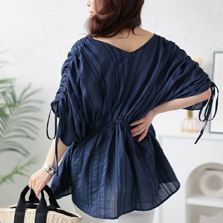 大きいサイズ レディース ストライプギャザーカフタンチュニック　and-y1904