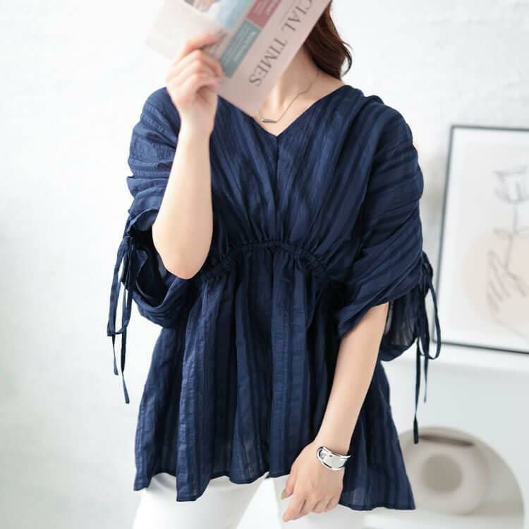 大きいサイズ レディース ストライプギャザーカフタンチュニック　and-y1904 ネイビー