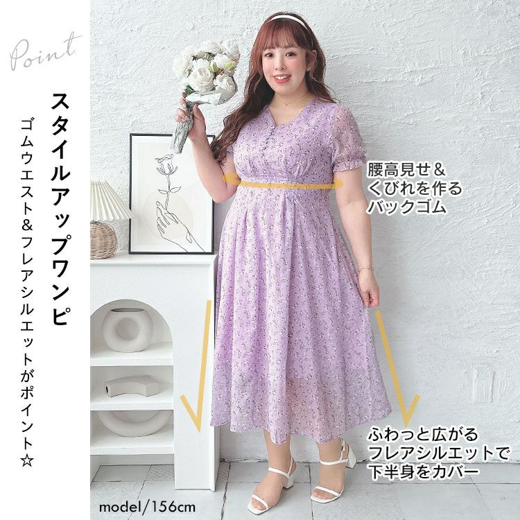 大きいサイズ レディース Vネック小花柄ワンピース　goldy-1502