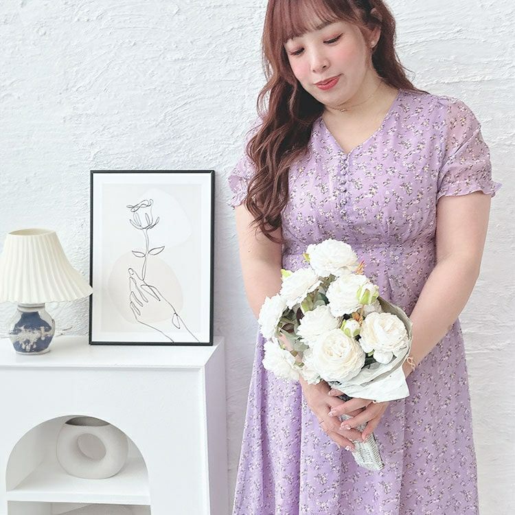 大きいサイズ レディース Vネック小花柄ワンピース　goldy-1502