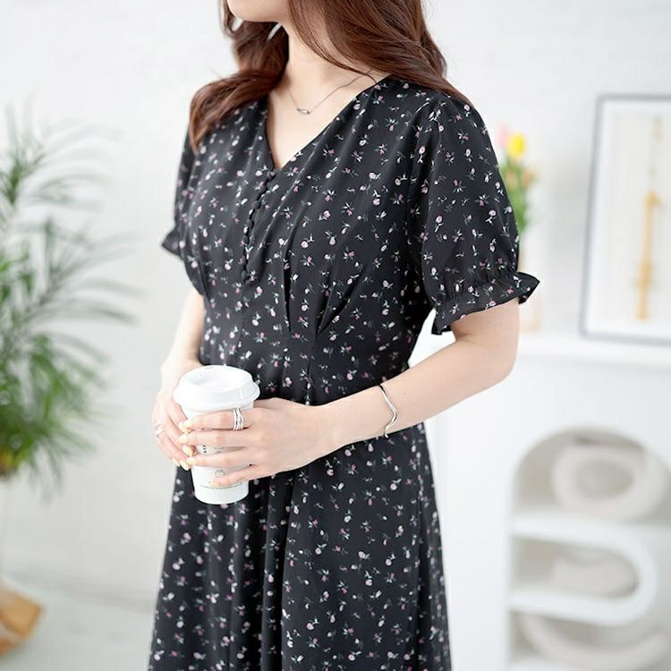 大きいサイズ レディース Vネック小花柄ワンピース　goldy-1502