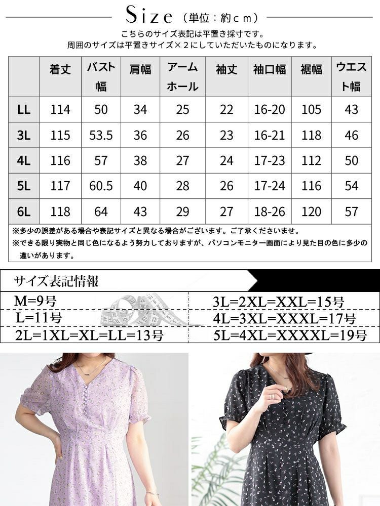 イベントセール】 大きいサイズ レディース Vネック小花柄ワンピース